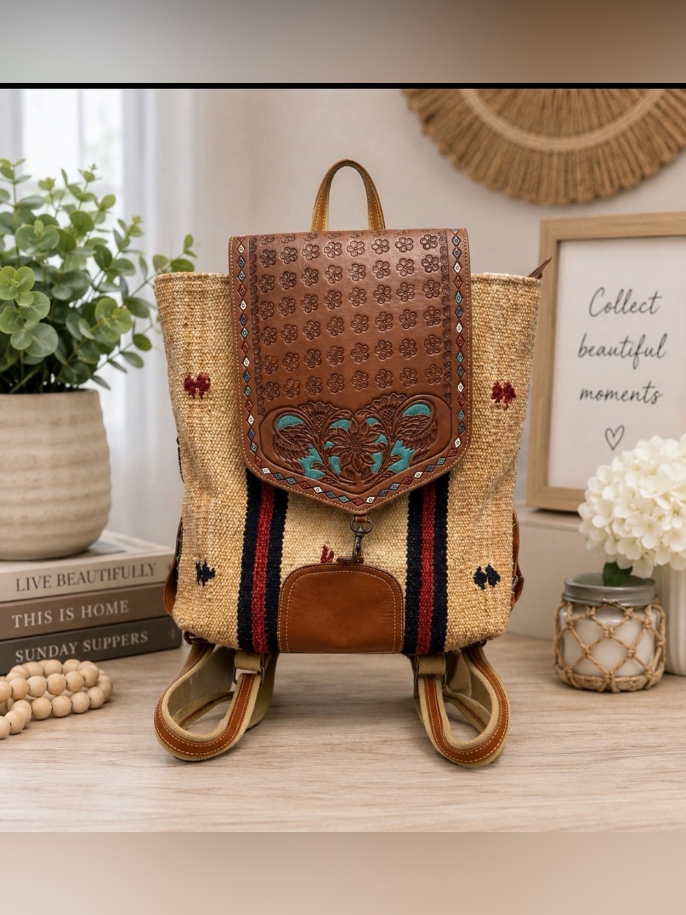 Boho western woven backpack tooled leather flap Aztec southwestern festival bag